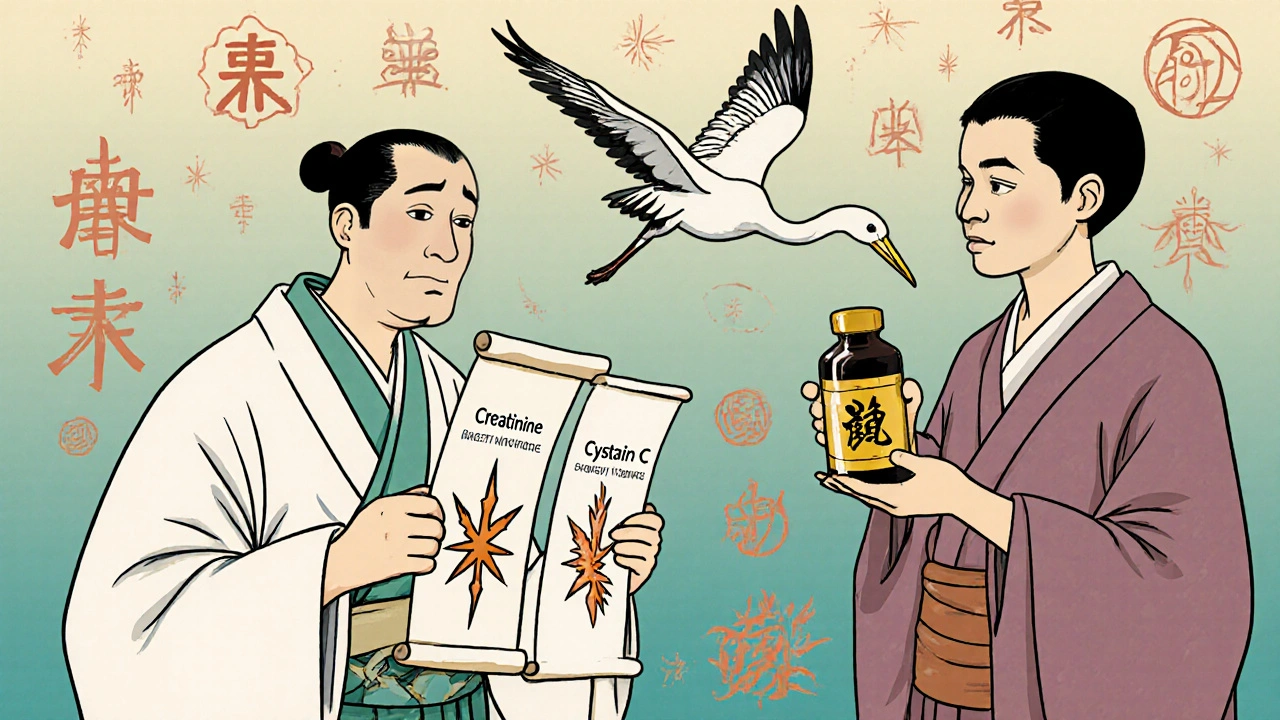 A doctor comparing two medical scrolls—one showing high creatinine, the other stable cystatin C—with a creatine bottle nearby in Ukiyo-e style.