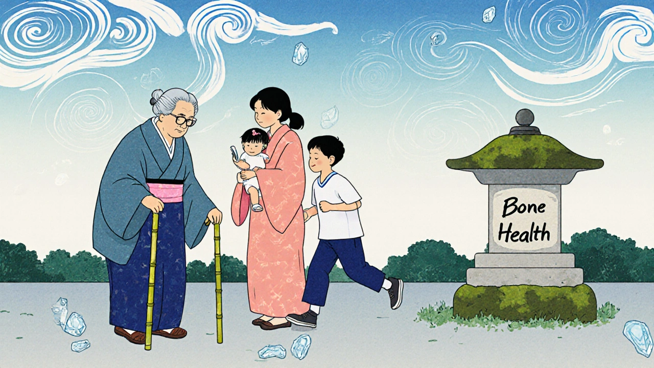 A multi-generational family in a Japanese courtyard surrounded by symbols of bone health and natural wellness.