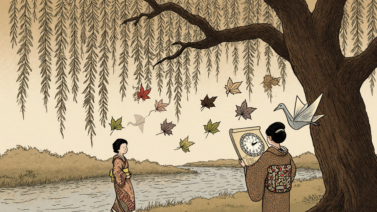 A person walks beside a river, with leaves falling at different times representing delayed drug side effects, while a pharmacist holds a genetic clock scroll.