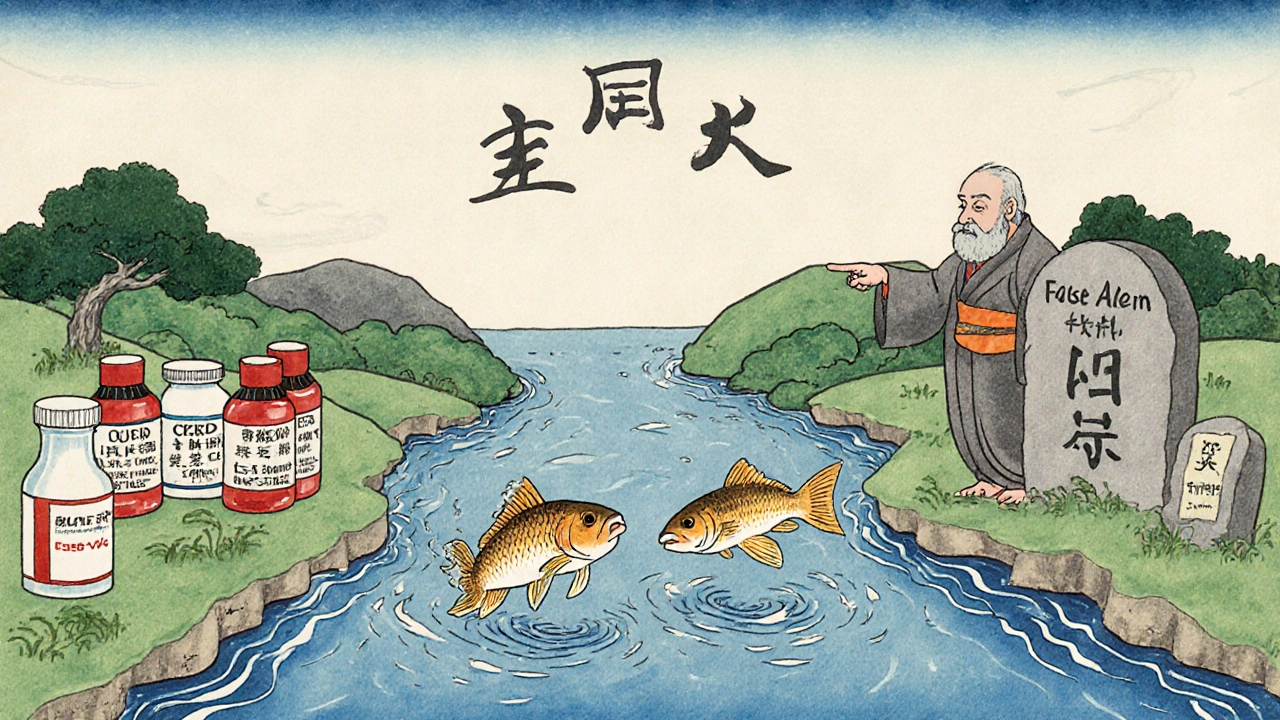 A river divides pills and creatine bottles, with an elder pointing to a stone tablet as two fish swim upstream in Ukiyo-e inspired art.