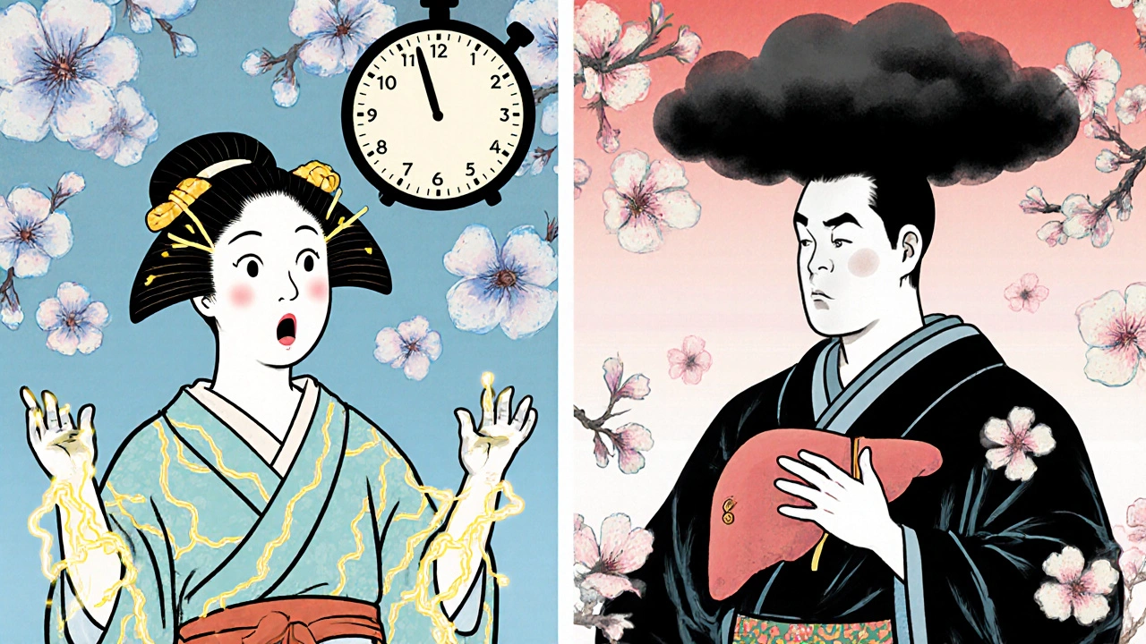 A woman experiences nerve pain after 24 hours of taking ciprofloxacin, while a man's liver darkens at 42 days, both surrounded by time-changing cherry blossoms.