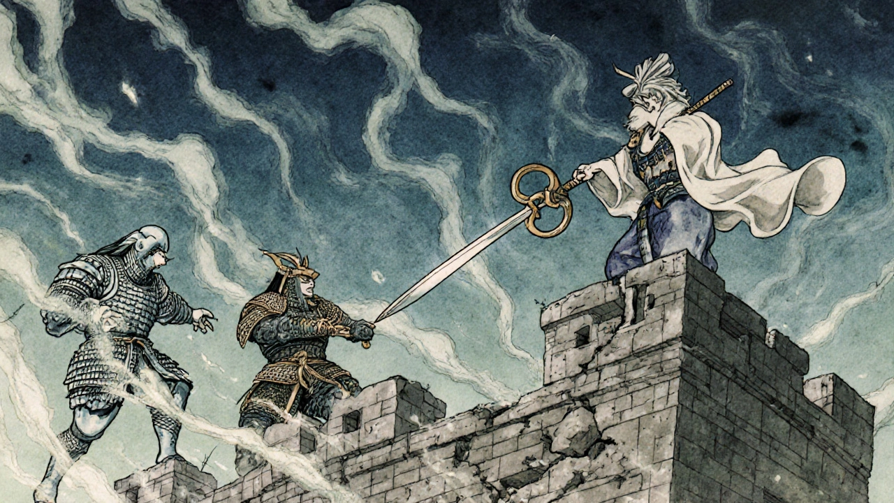 Bacterial warriors battle as cefadroxil, depicted as a samurai, breaks their cell wall fortress in a traditional ink-wash battle scene.