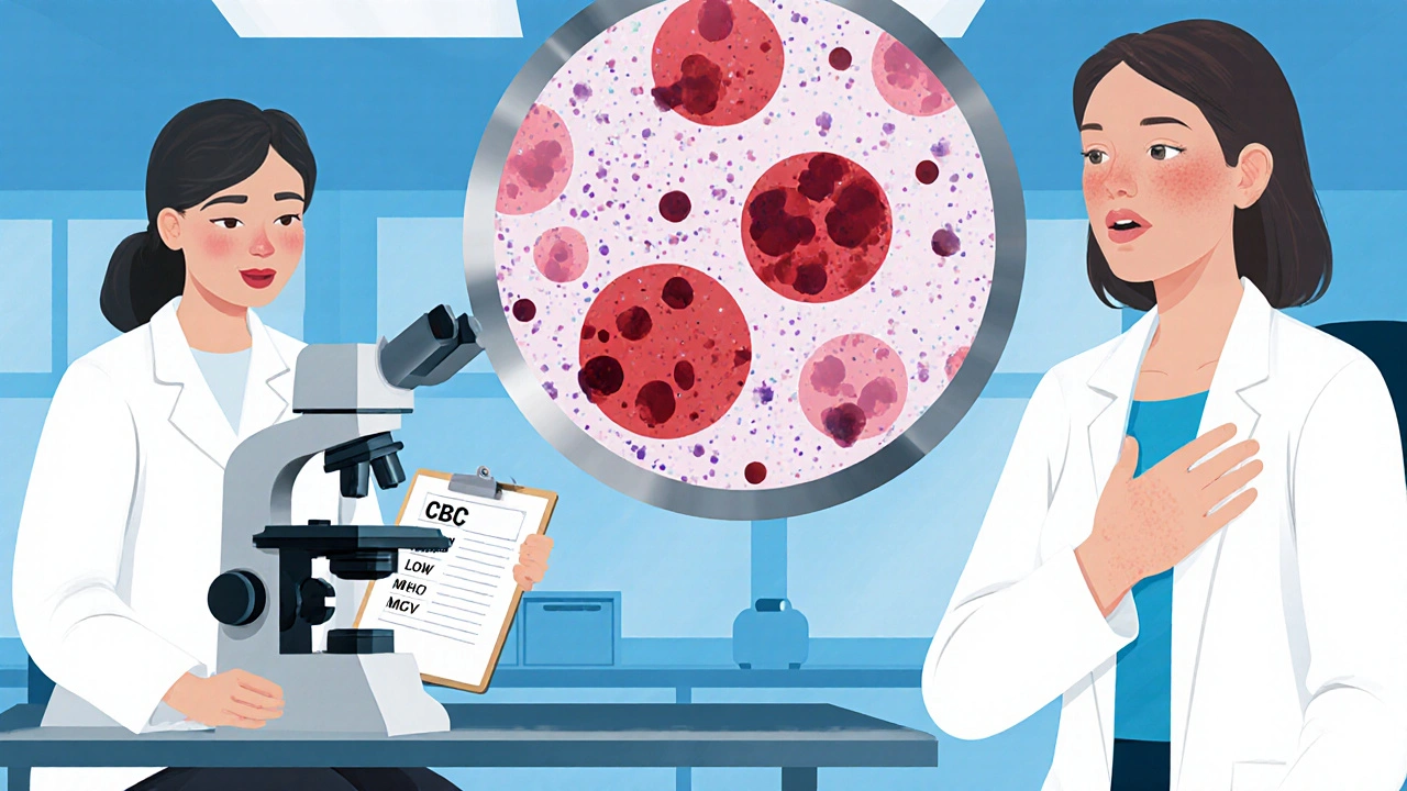 Blood smear with large red cells and hypersegmented neutrophils beside a doctor and pale patient.