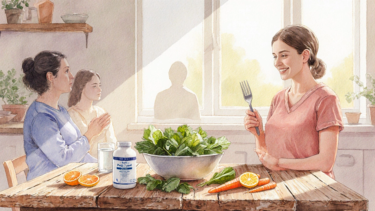 Bright kitchen with fresh greens, folic acid tablets, and a smiling recovered person.