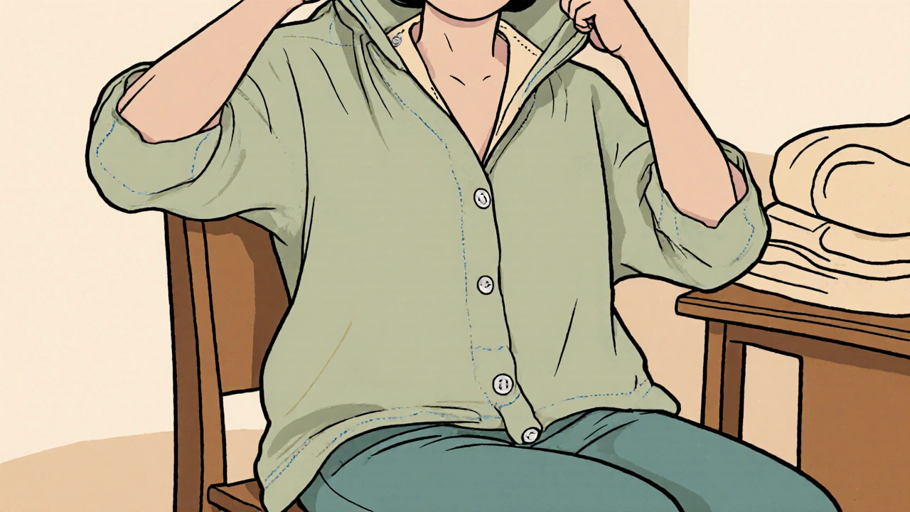 Close-up of adaptive shirt showing magnetic snaps and elastic waistband.