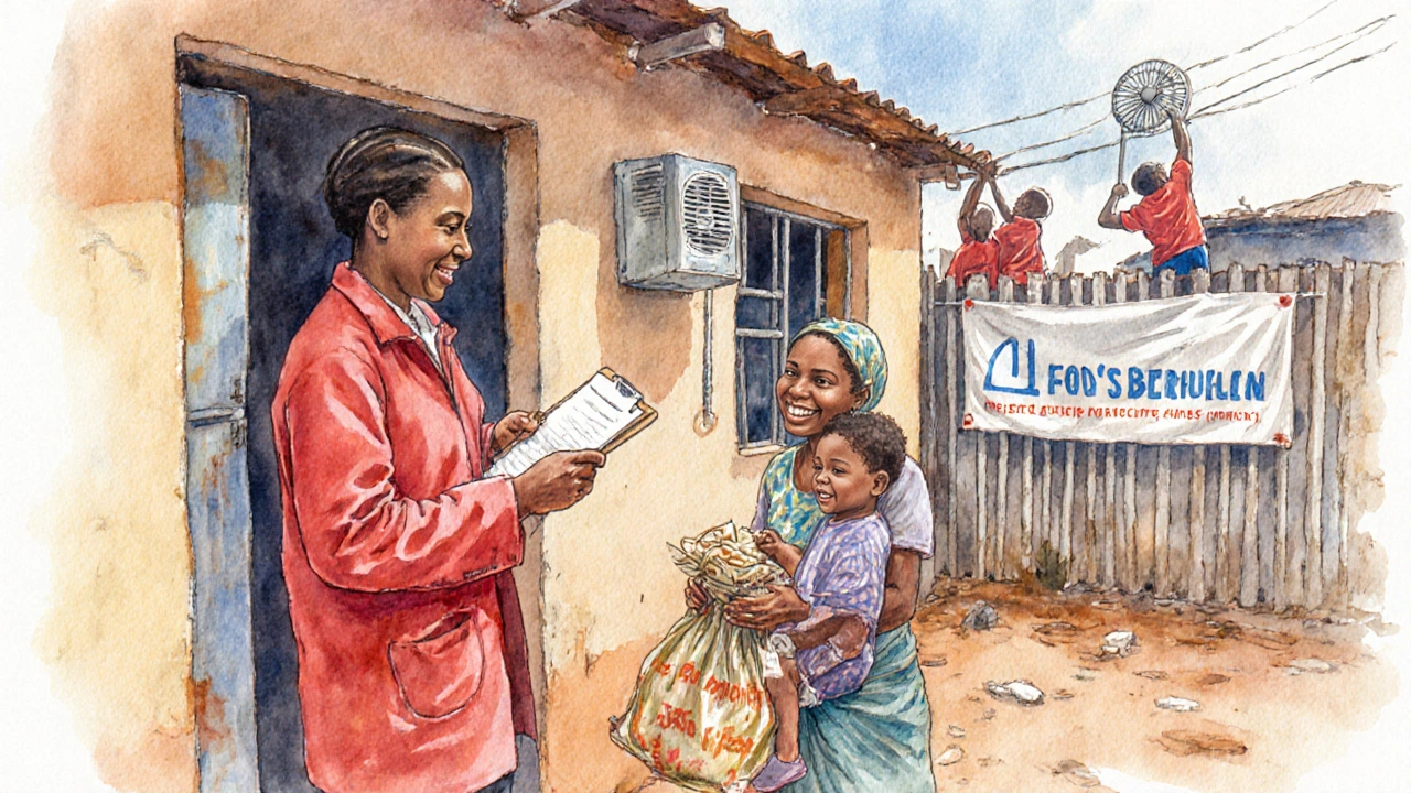 Community health worker gives food parcels while volunteers install ventilation fans.