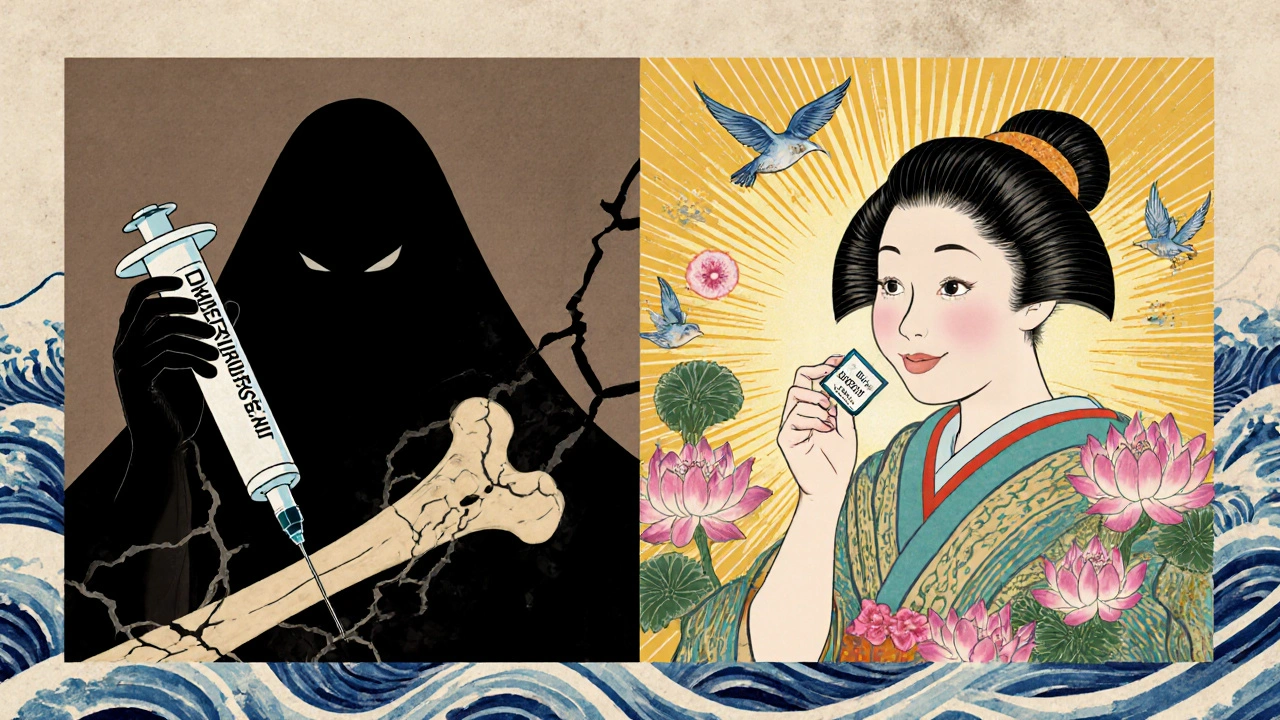 Contrasting images: a cracked bone with DMPA vs. a glowing skeleton with desogestrel under peaceful natural elements.