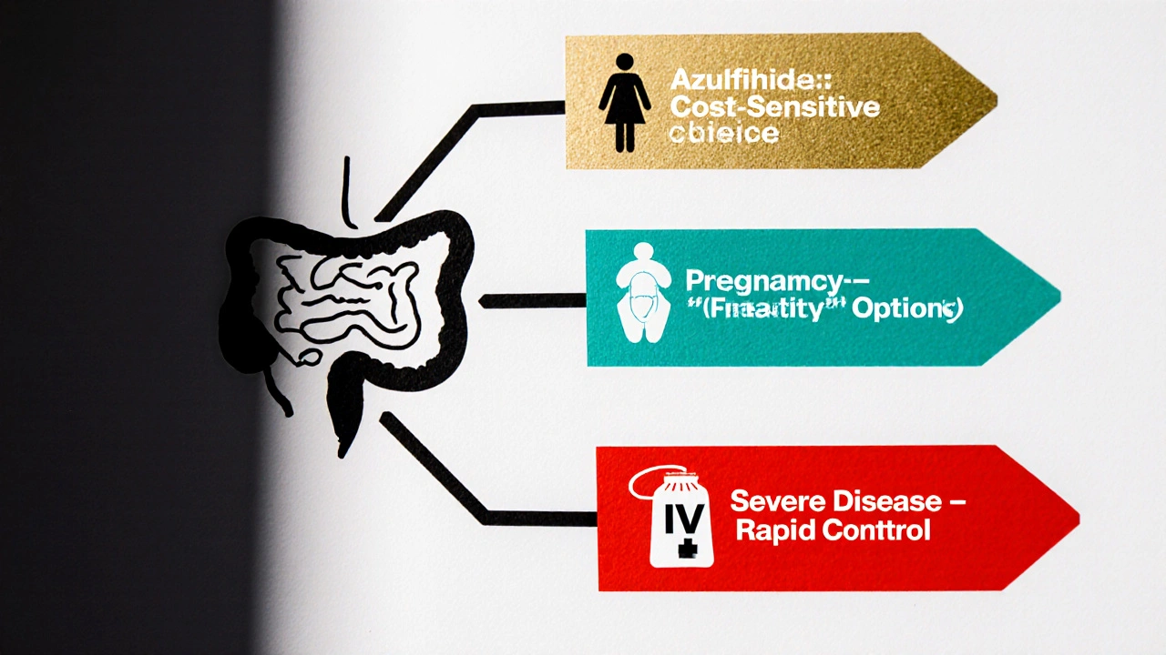 Decision tree showing cost, pregnancy, and severe disease paths with medication icons.