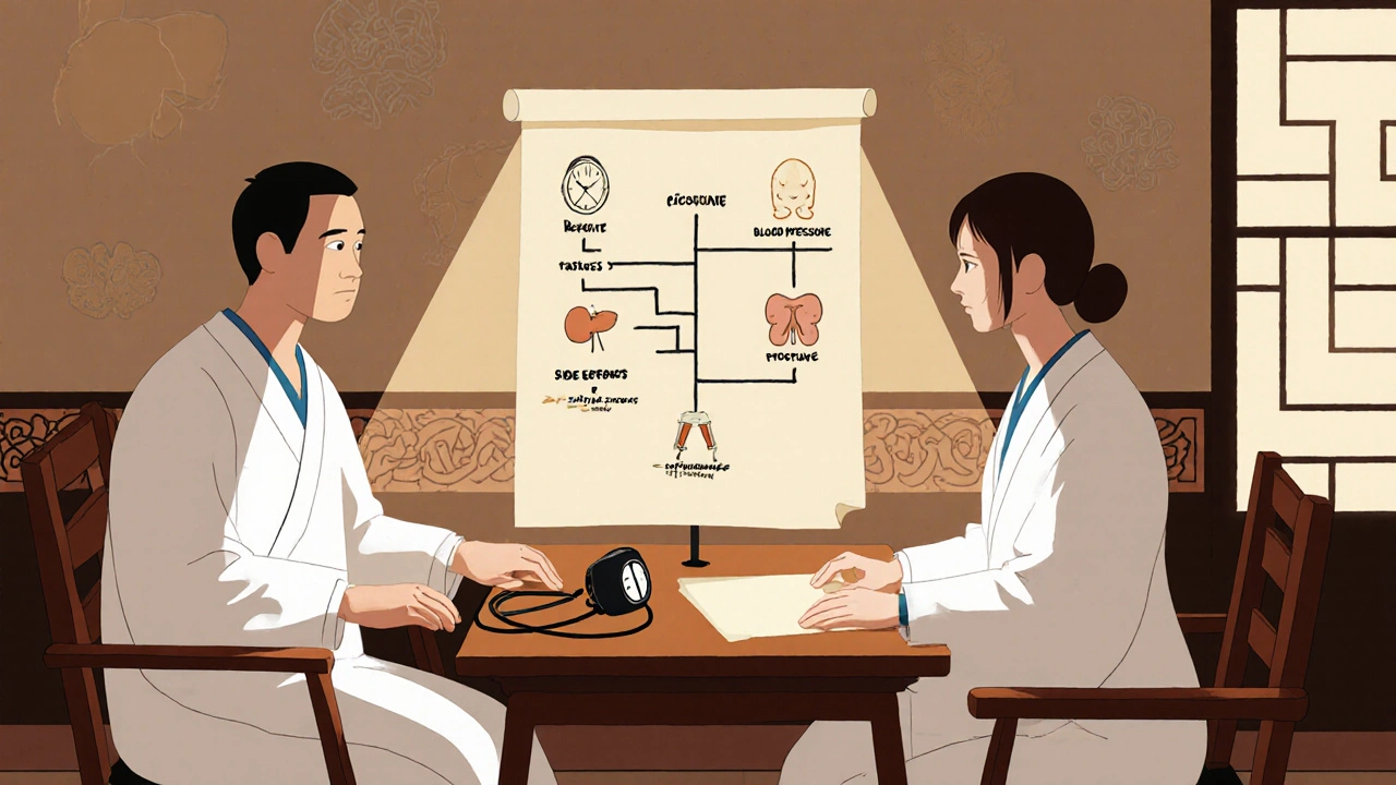 Doctor and patient examining a decision tree on parchment.