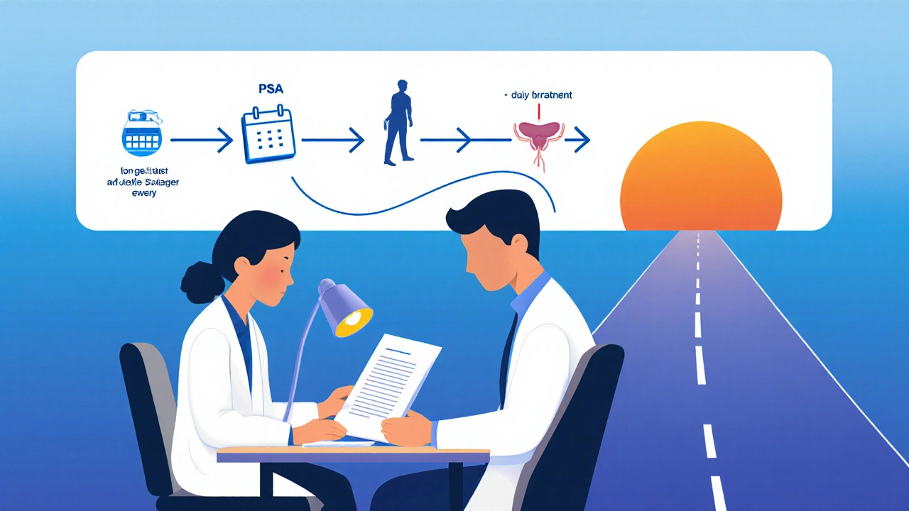 Doctor reviewing patient chart with a timeline of PSA and bladder icons leading to sunrise.