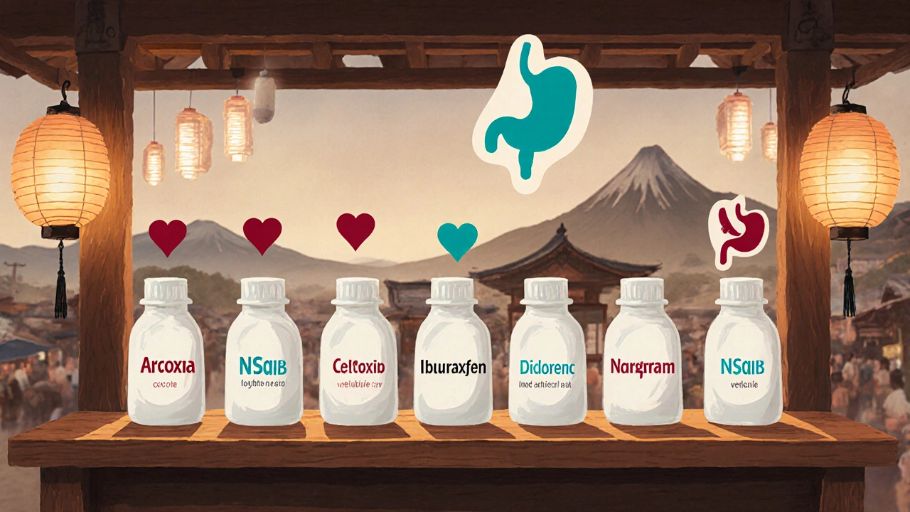 Edo market stall shows medicine bottles with heart and stomach icons for risks.