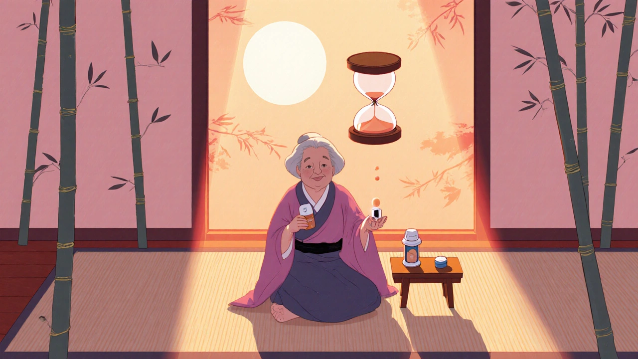 Elderly woman on tatami with small pills and an hourglass indicating a time gap.