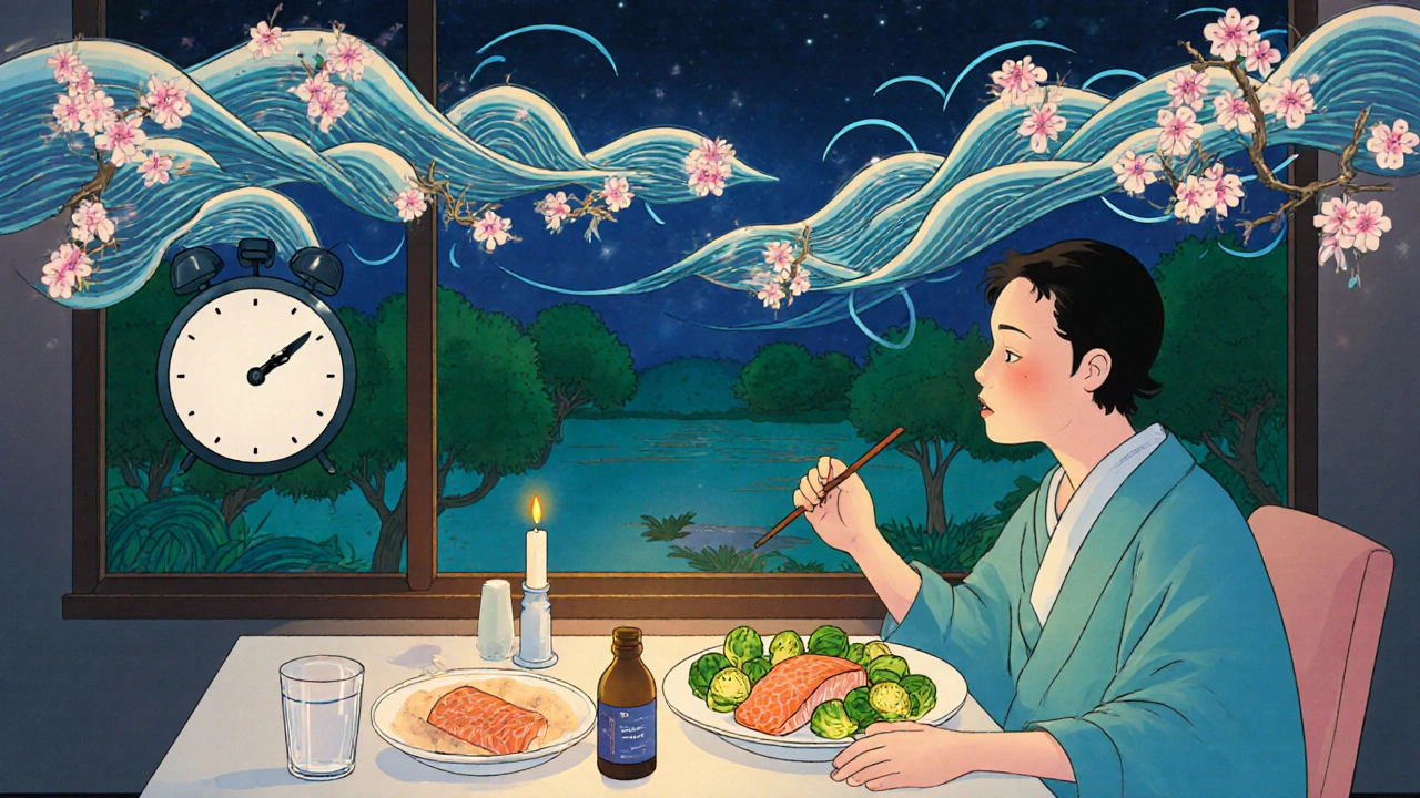 Evening meal of salmon and vegetables with gemfibrozil bottle and water, surrounded by healing energy like cherry blossoms.