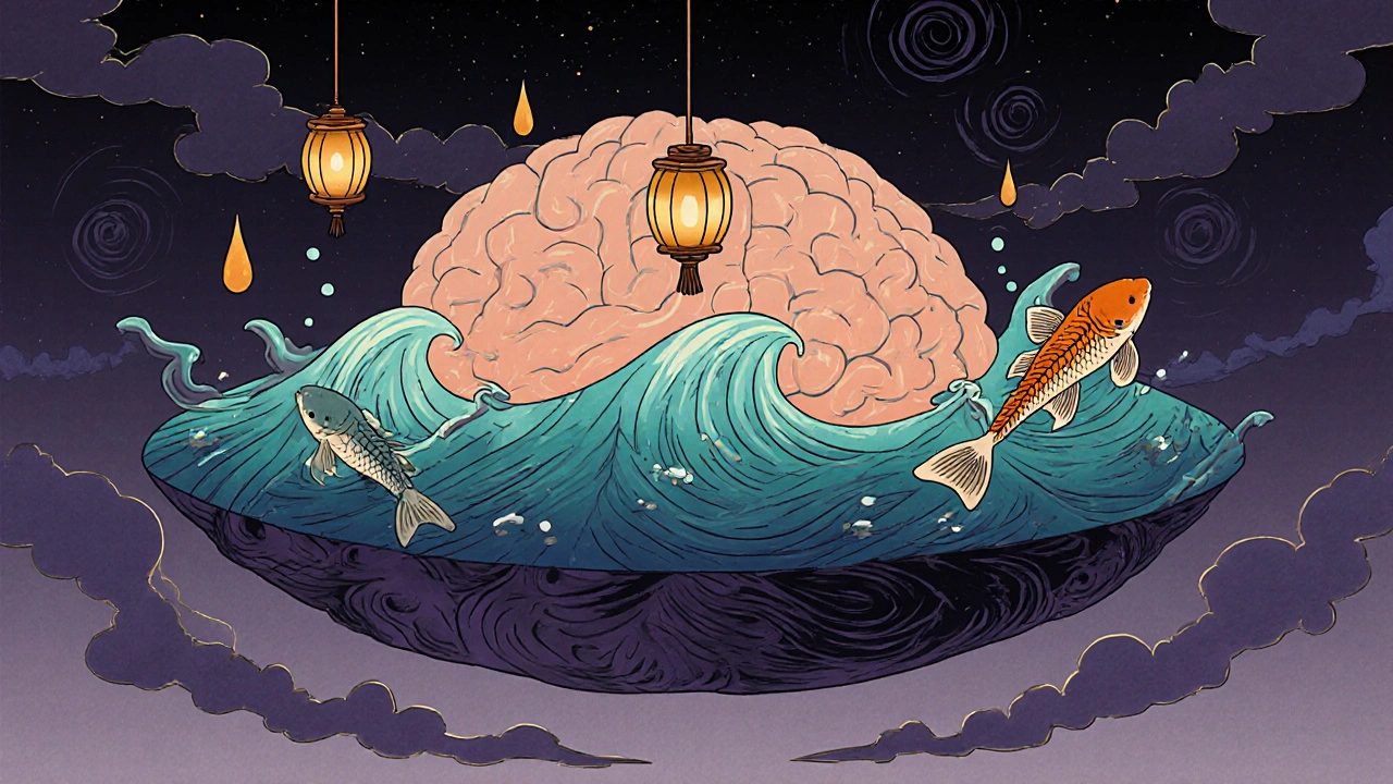 Floating brain with lanterns and koi fish showing melatonin and sedative merging.