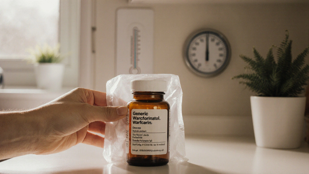 Hand opening parcel revealing warfarin bottle with label, ready for storage.