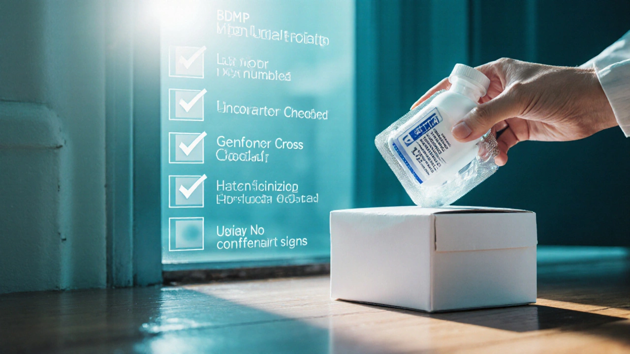 Hands inspecting a delivered bottle of generic Plavix for authenticity.