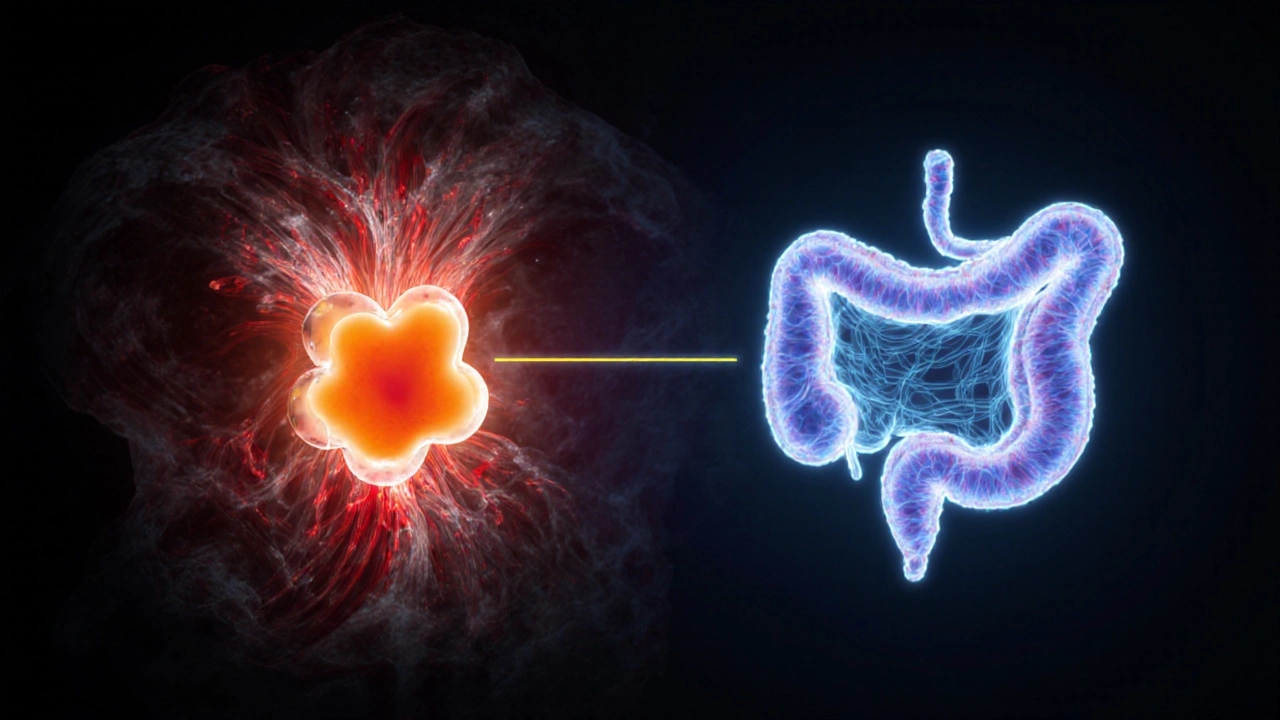 Illustration of misoprostol molecule acting on uterus and stomach tissues.