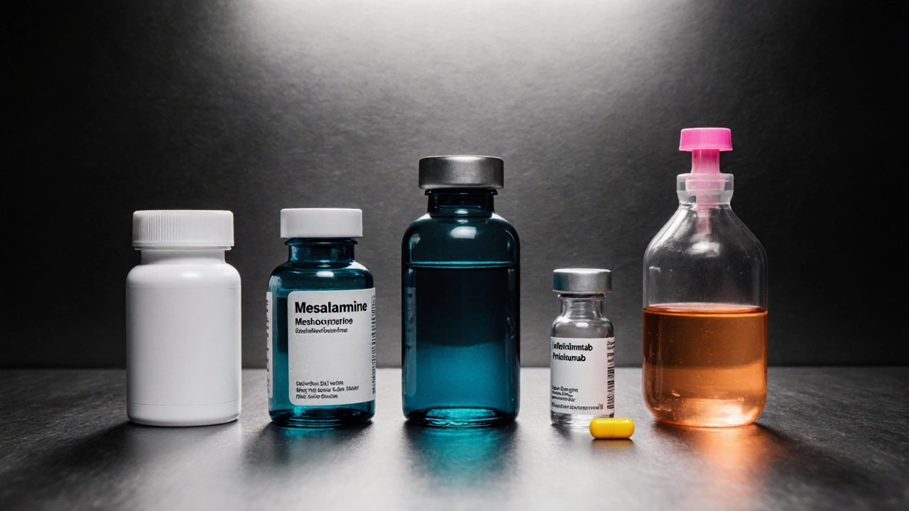 Lab counter displaying Azulfidine, Mesalamine, Methotrexate, Infliximab, Adalimumab, and Prednisone.
