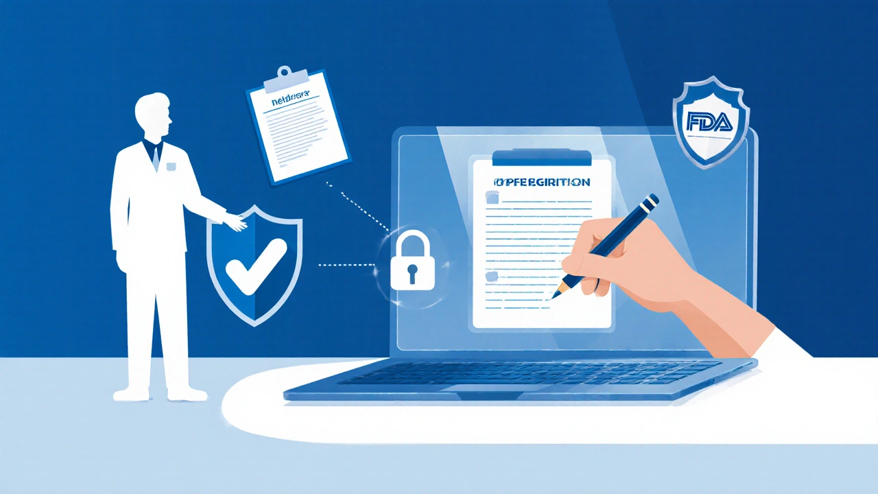 Laptop screen showing a secure lock icon, a hand uploading a prescription, and abstract verification shields.