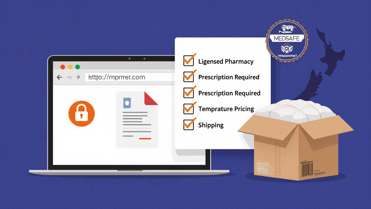 Laptop screen showing secure checkout and checklist for safe online pharmacy.