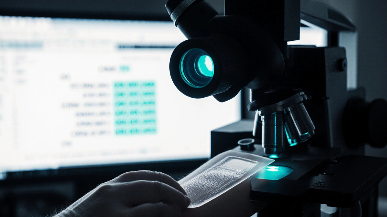 Modern lab showing transdermal patch and genetic testing for trihexyphenidyl.