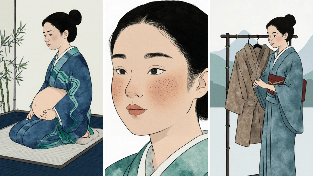Montage of a woman dealing with bloating, acne, and choosing clothing, set in a Japanese interior.