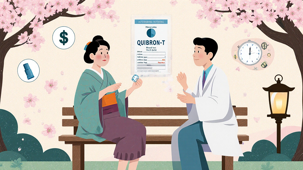 Patient and doctor discussing meds over a garden bench with floating tablet and blood test in ukiyo‑e style.