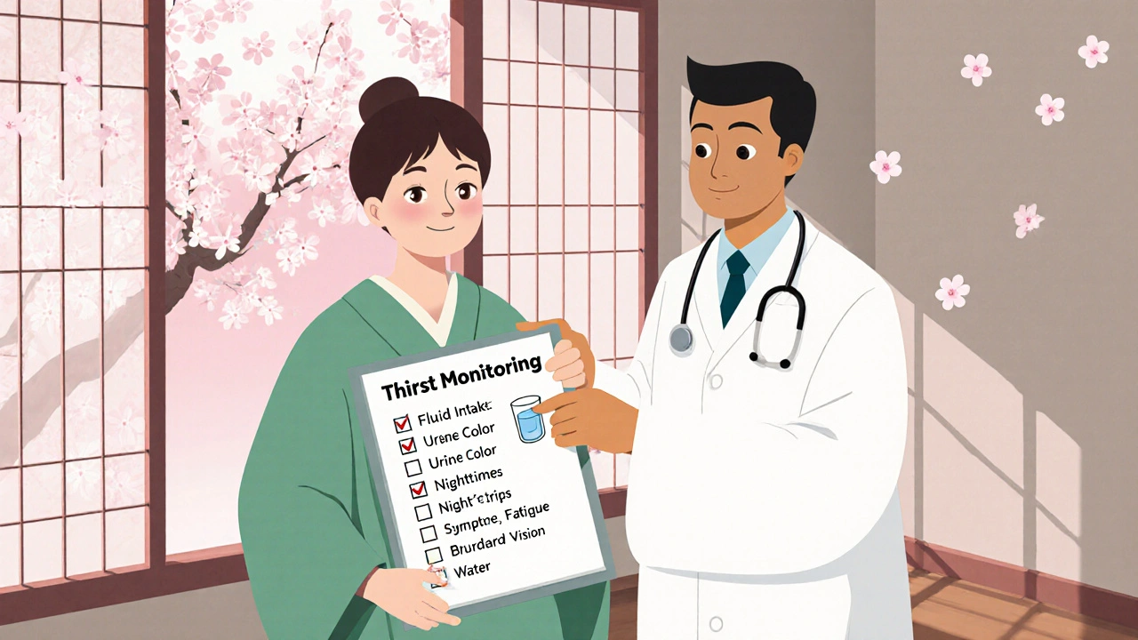 Patient and doctor reviewing a thirst checklist in a serene ukiyo-e clinic scene.