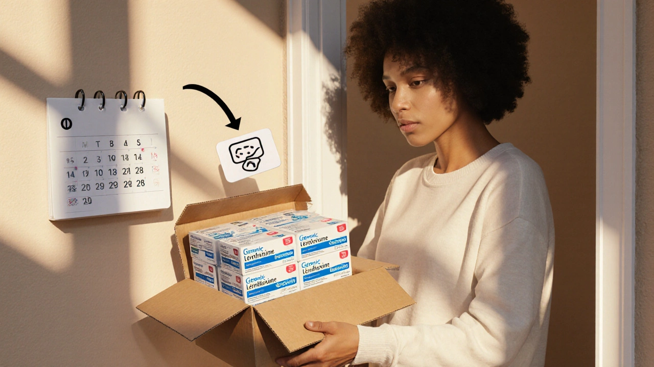 Person opening a doorstep package of medication boxes with a calendar reminder and subscription card nearby.