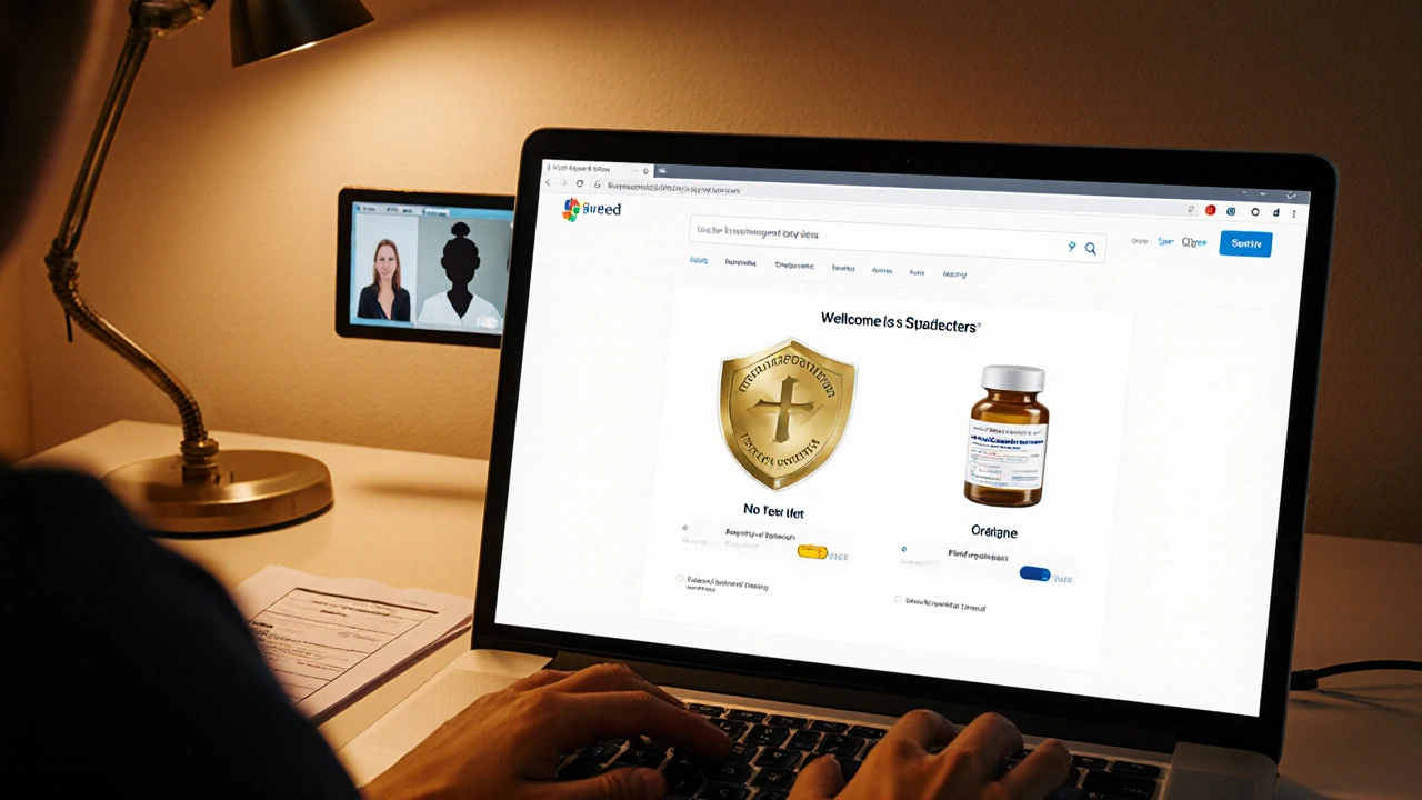 Person using a laptop to shop at a verified online pharmacy with FDA badge.