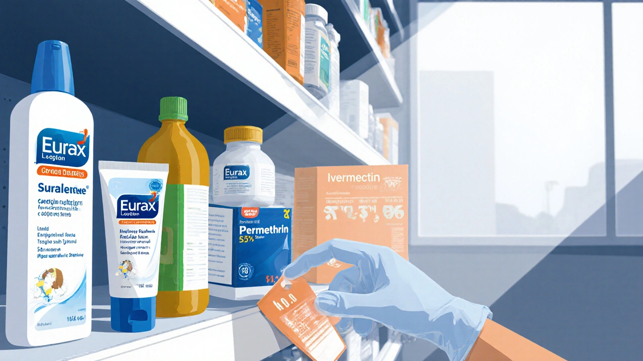 Pharmacy shelf with various scabicide products, hand reaching for Eurax Lotion.
