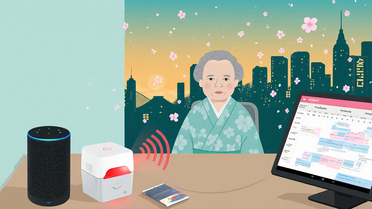 Senior using a smart PillDrill dispenser, voice assistant, and tablet at bedside.