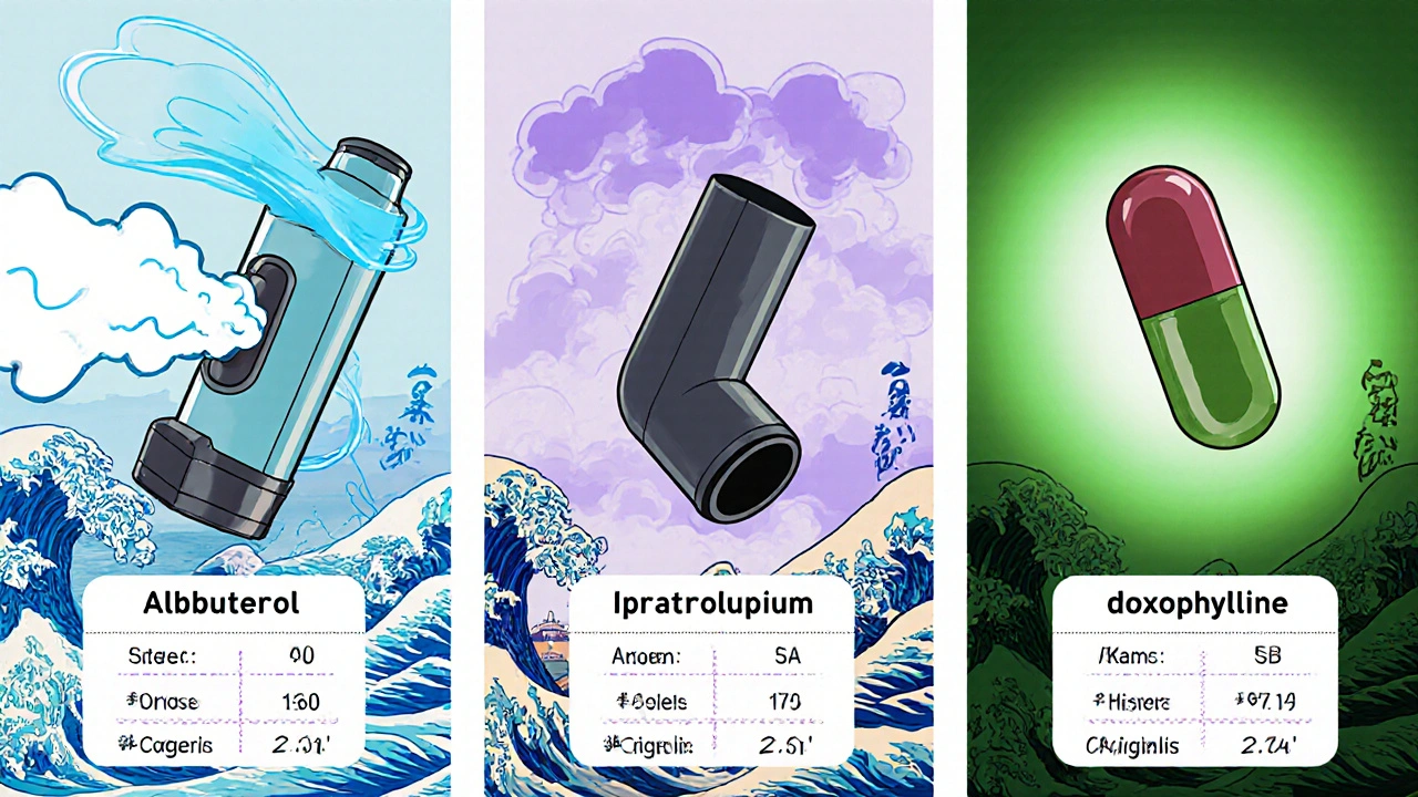 Side‑by‑side ukiyo‑e illustration of albuterol, ipratropium, and doxophylline with key facts.