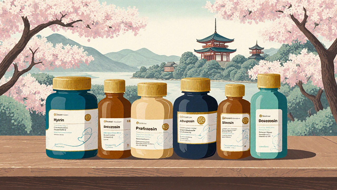 Six distinct medicine bottles displayed on a wooden table.