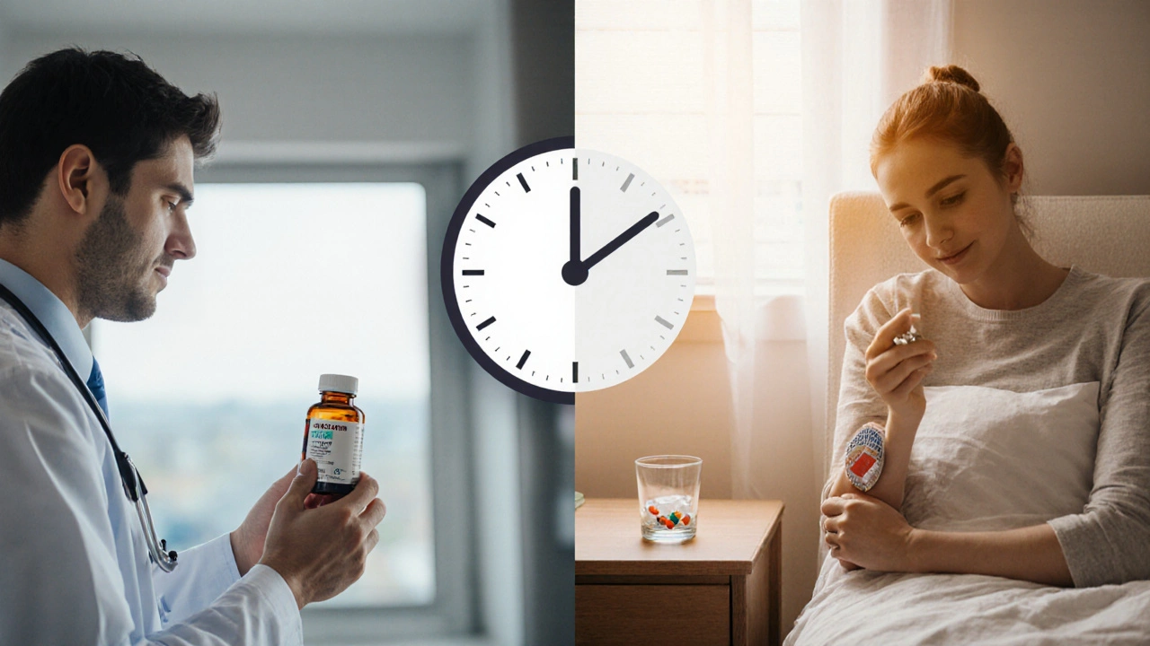 Split‑screen of early antiviral treatment and later capsaicin patch with medication.