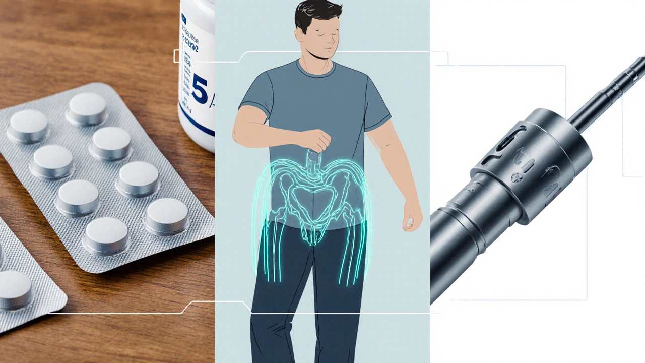 Three panels: medication bottles, man doing pelvic floor exercises, Urolift procedure illustration.