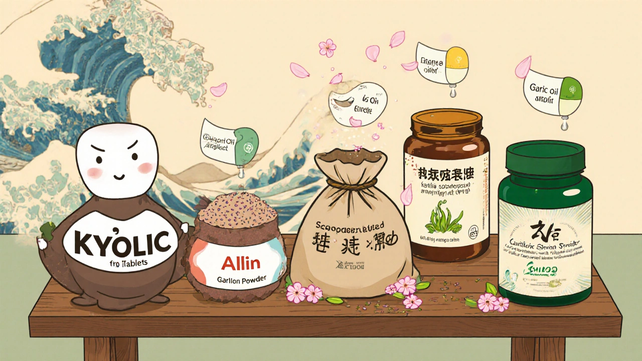 Ukiyo-e cartoon showing five garlic supplement characters on a wooden table with icons for each product.