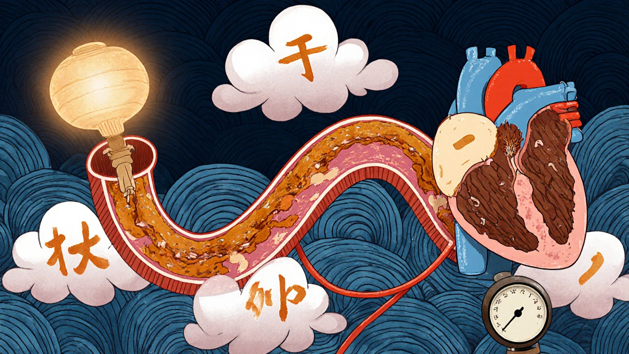 Ukiyo‑e cross‑section showing narrowed artery, plaque, stiff heart, and hypertension symbols.
