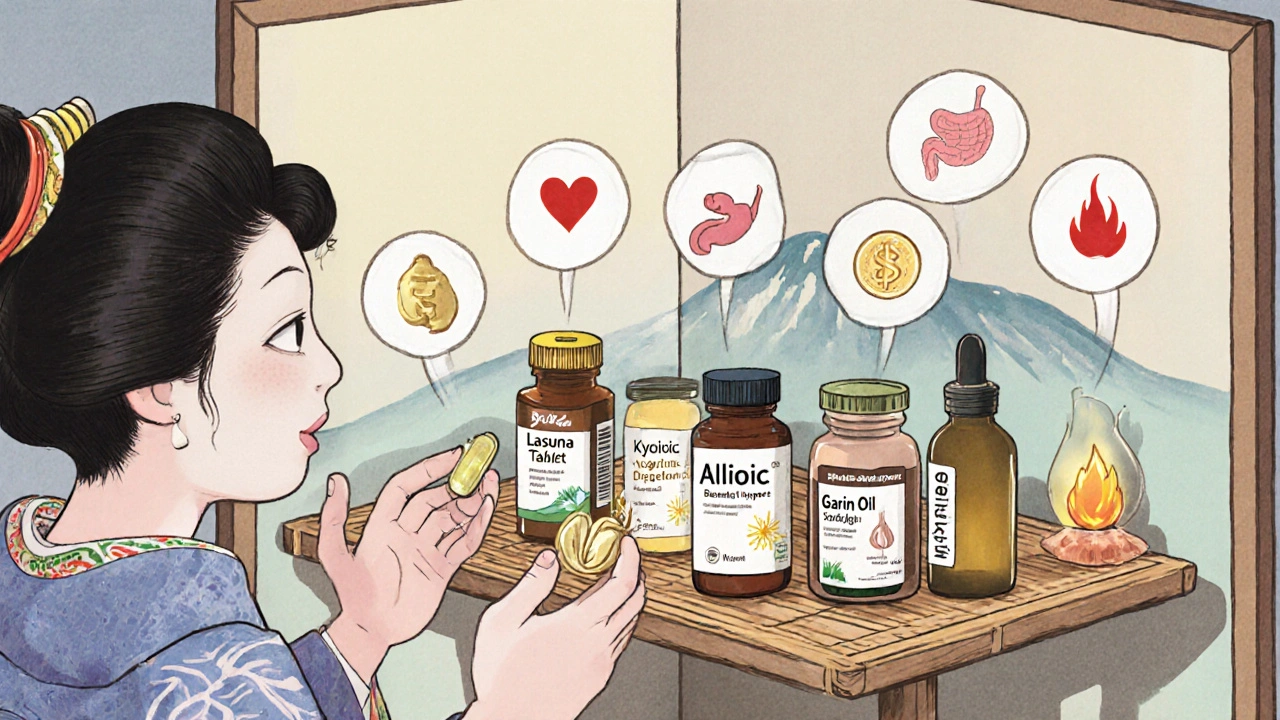 Ukiyo-e illustration of a practitioner advising a person with various garlic supplement bottles on a bamboo tray.