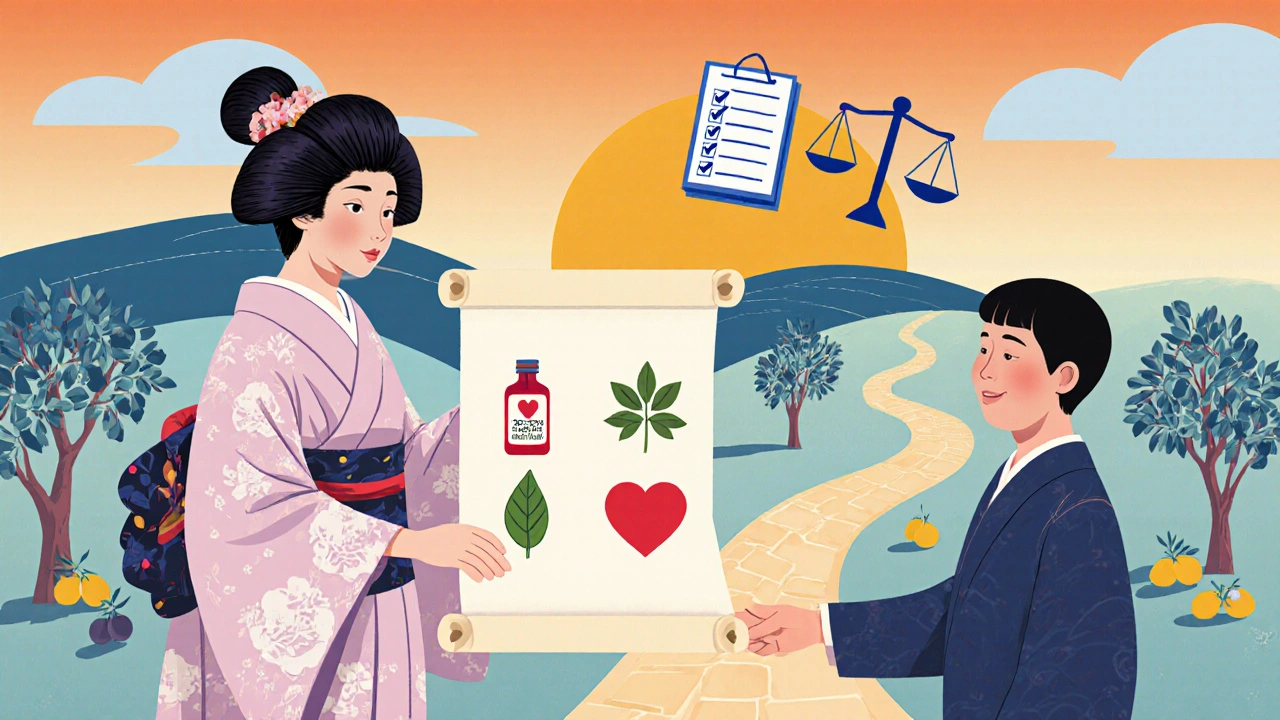 Ukiyo‑e scene of doctor giving a scroll with medication icons to a patient, with healthy lifestyle backdrop.