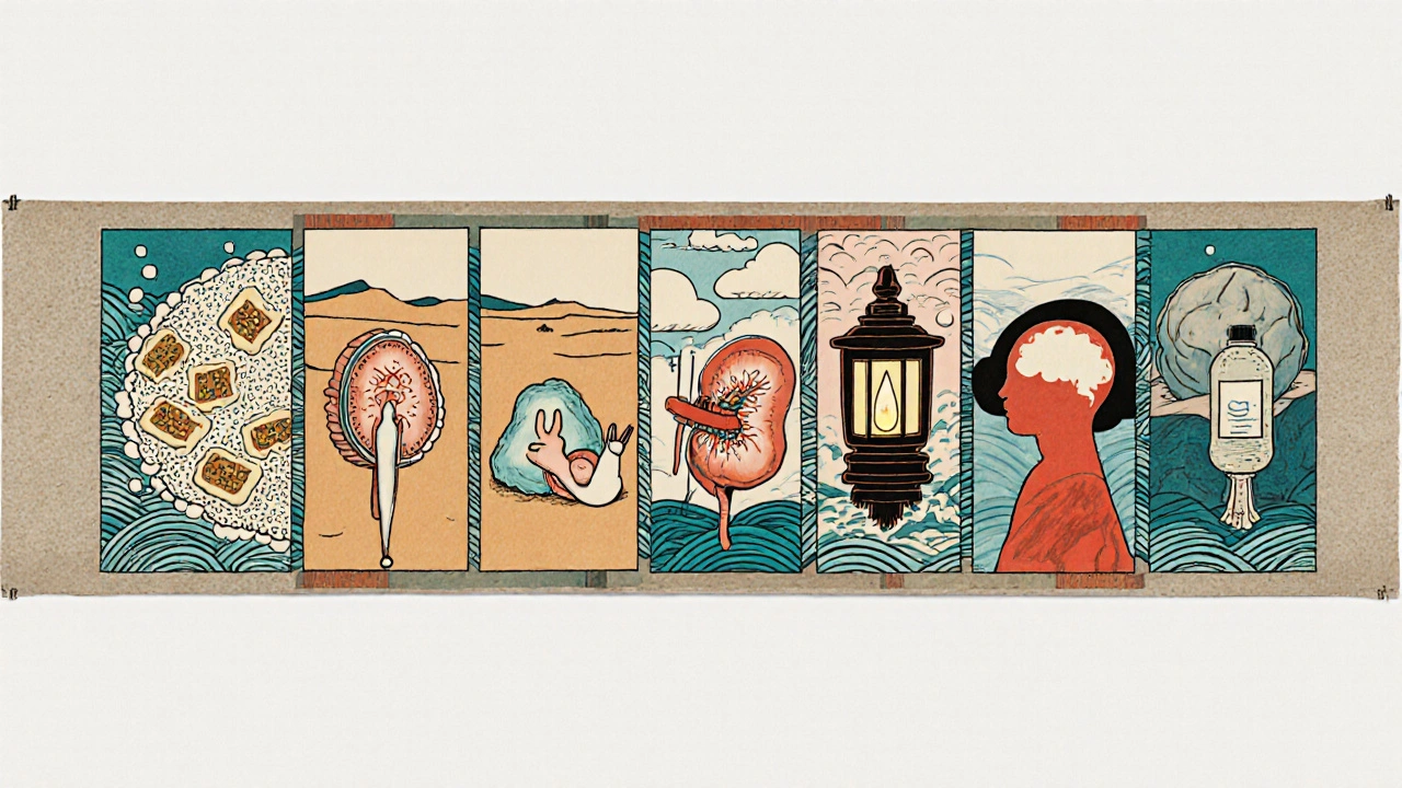 Ukiyo-e scroll panels illustrating causes of excessive thirst like diabetes, kidney disease, etc.