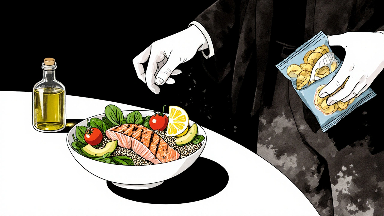 Vibrant quinoa bowl with salmon and vegetables beside a blurred unhealthy snack, symbolizing dietary choice.