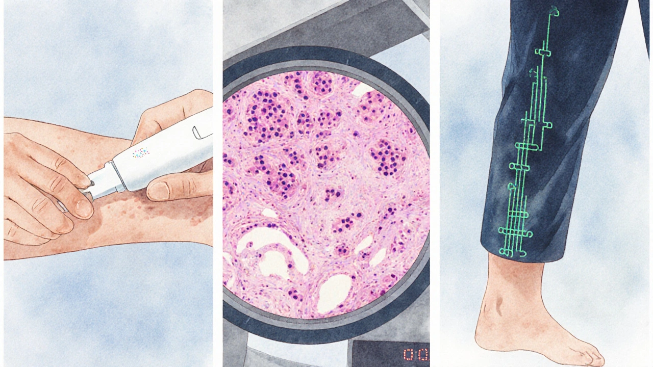 Watercolor illustration of QST, skin biopsy microscope view, and nerve study.