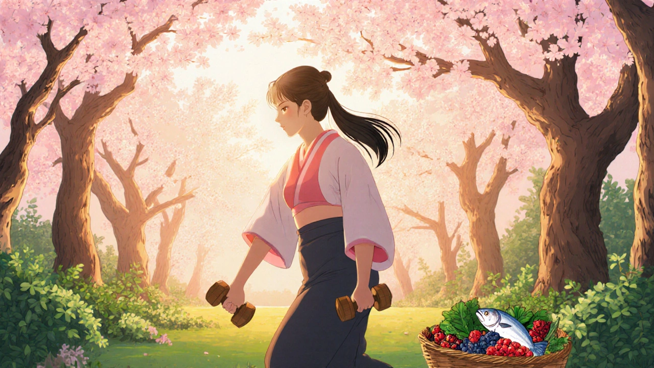 Woman doing light dumbbell exercises in a cherry‑blossom garden with healthy foods nearby.