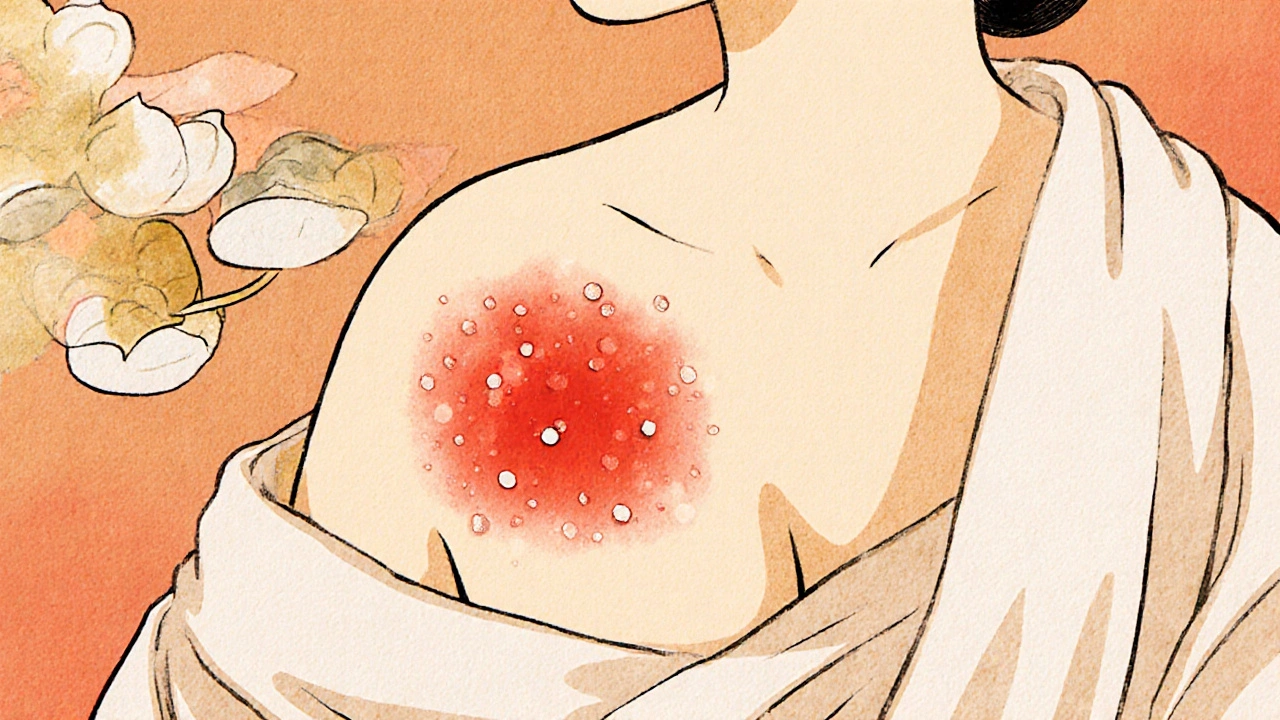 A bright red fungal infection in a skin fold with tiny pustules, depicted in soft ink wash tones with cotton fabric gently lifted by wind.