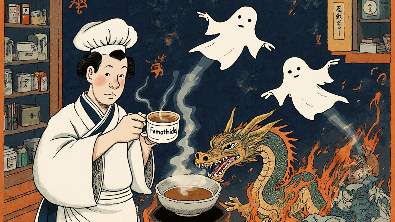 A chef calming a dragon of stomach acid with a cup of famotidine, in a traditional Japanese kitchen setting.