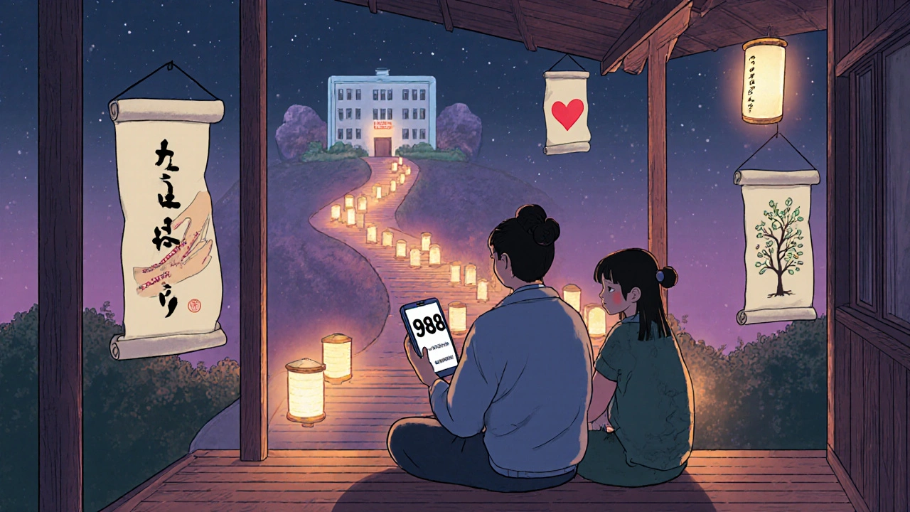 A counselor and individual on a porch at dusk, connected by a phone with 988, guided by lanterns.