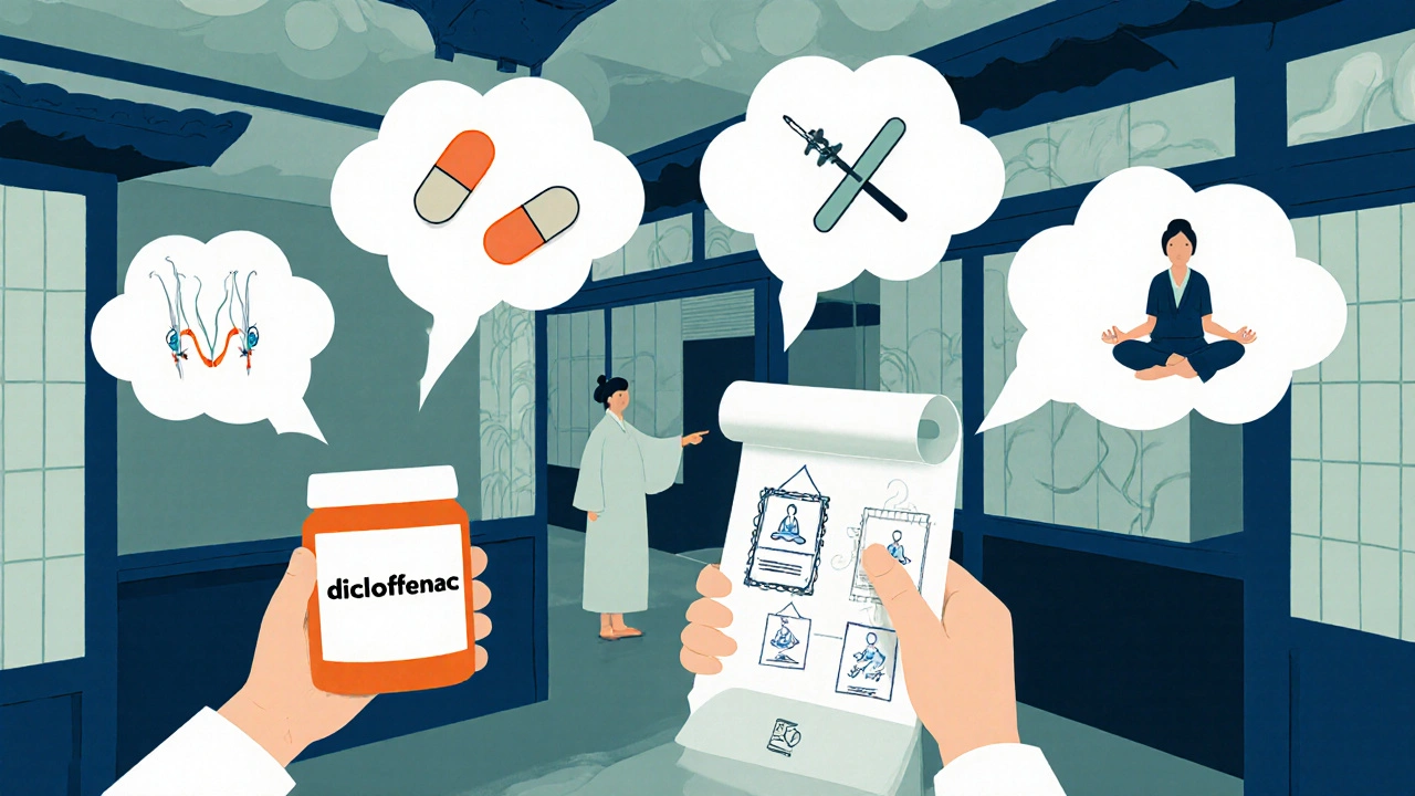 A doctor handing out non-opioid treatments like topical gel and yoga scrolls in a traditional Japanese clinic setting.