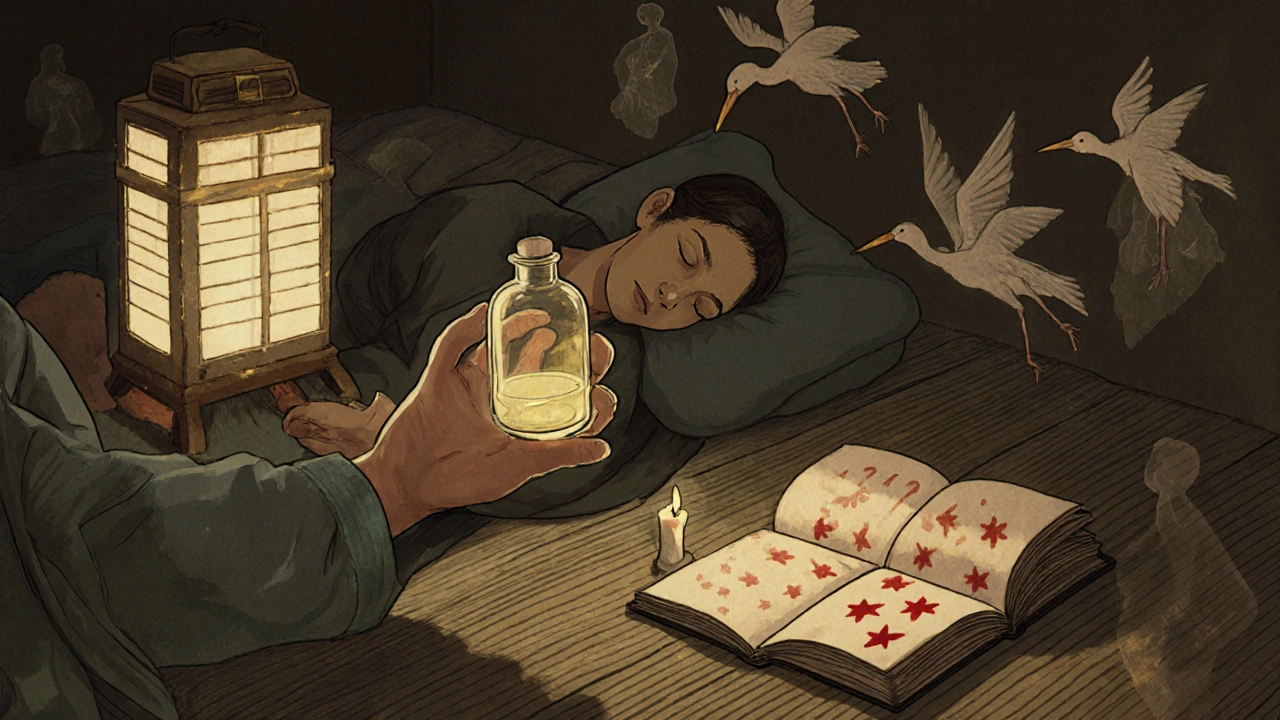 A doctor holds a vial of CSF fluid beside a sleeping patient in a traditional room with lanterns.