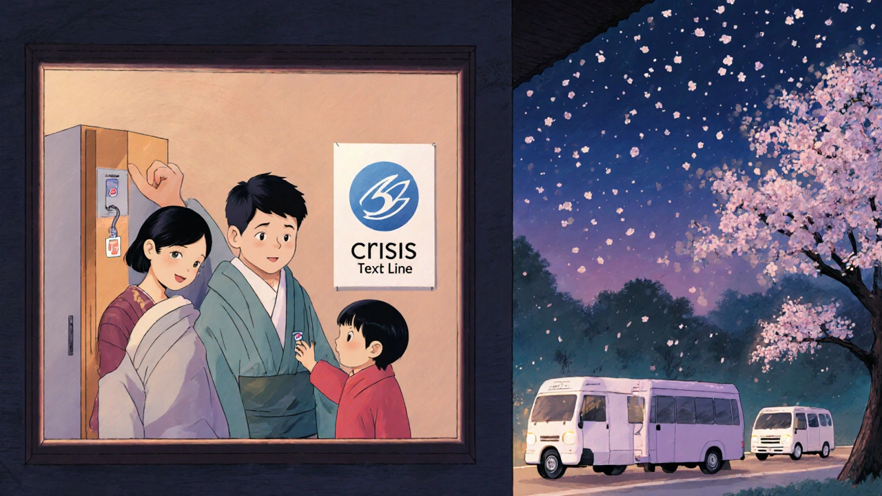 A family locking medicine away as crisis teams pass by under cherry blossoms, representing safety.